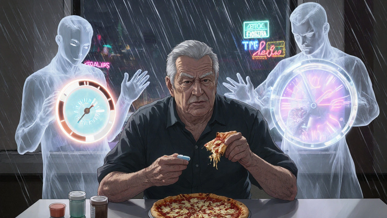 A man at a kitchen table with pizza, looking at a Nizagara pill while ghostly versions of Cialis and Levitra float behind him.