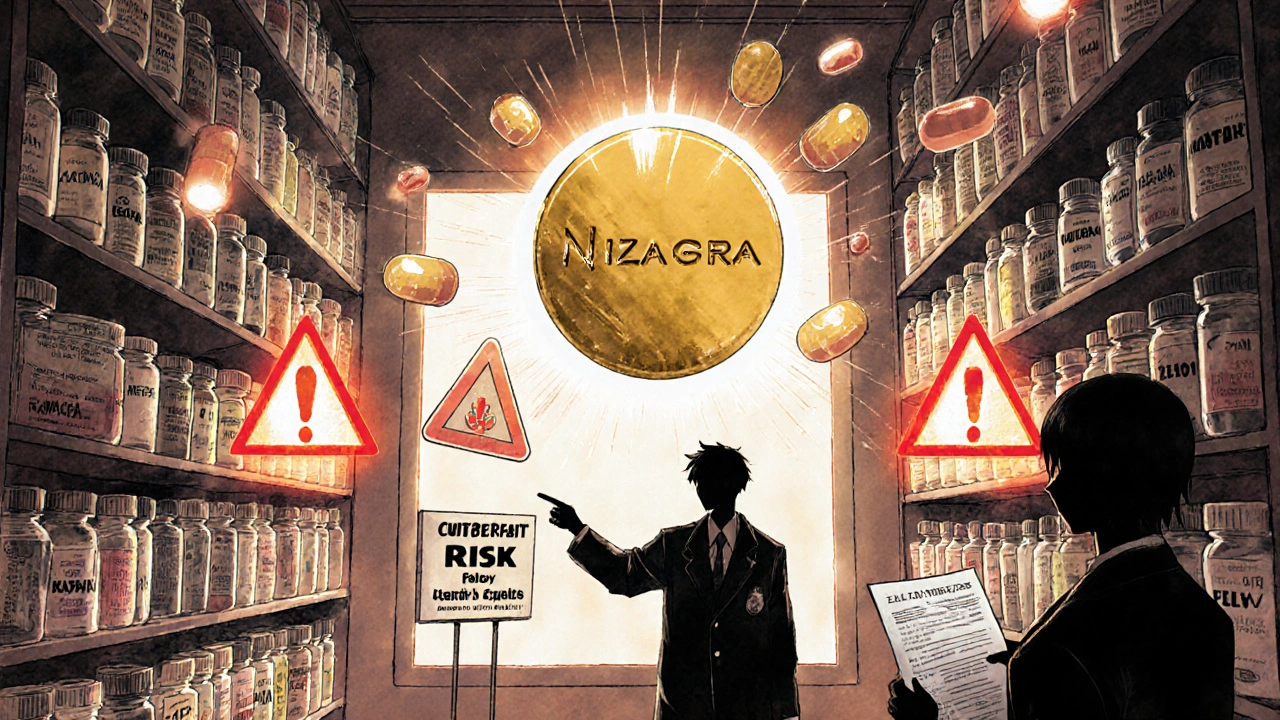 A surreal library of ED pills with Nizagara glowing centrally, counterfeit capsules flickering red, a doctor visible outside the window.