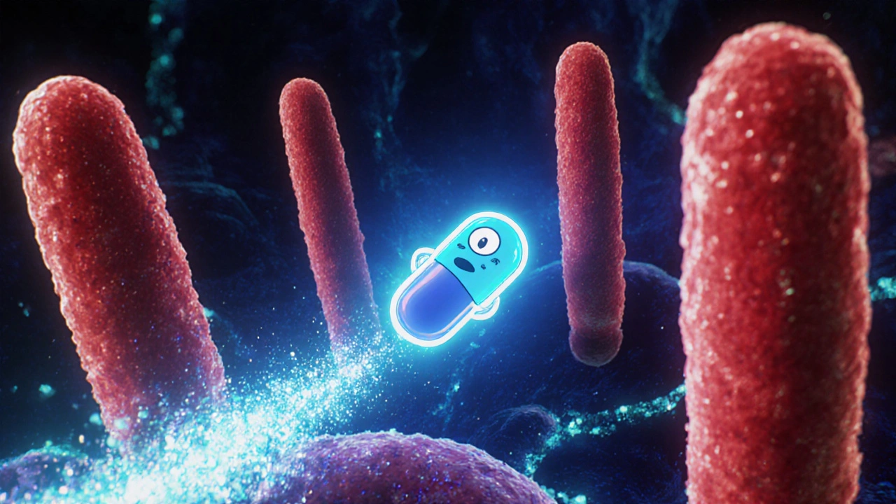 Animated pill character blocking red proton pumps in a stylized stomach view.
