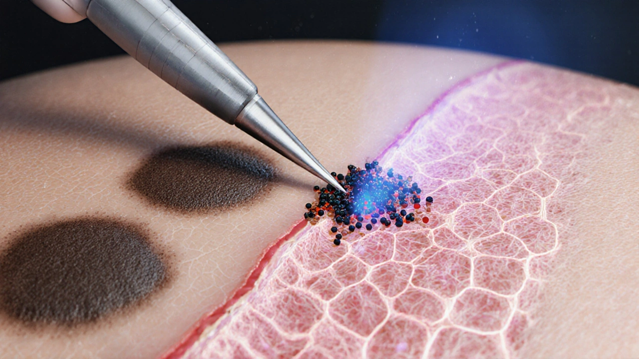 Cross‑section view of skin showing melanin patches and tattoo ink being deposited.