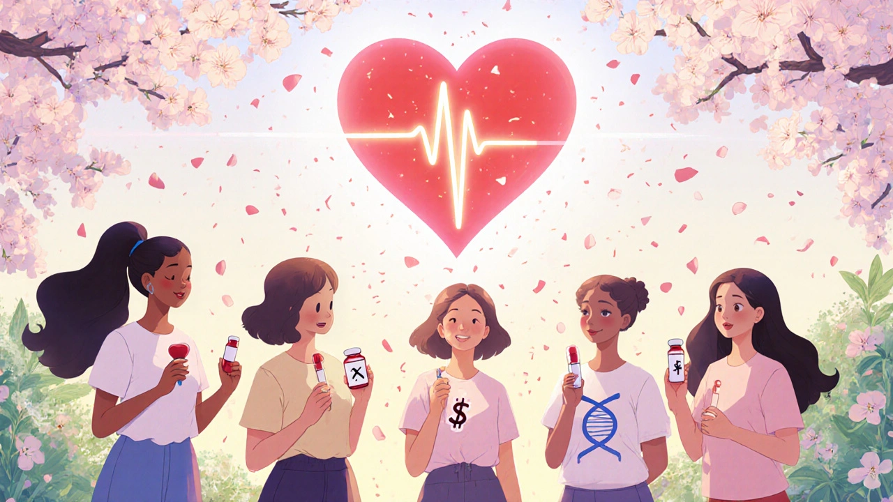 Diverse group of women in garden holding symbols of health choices, heart pulses above