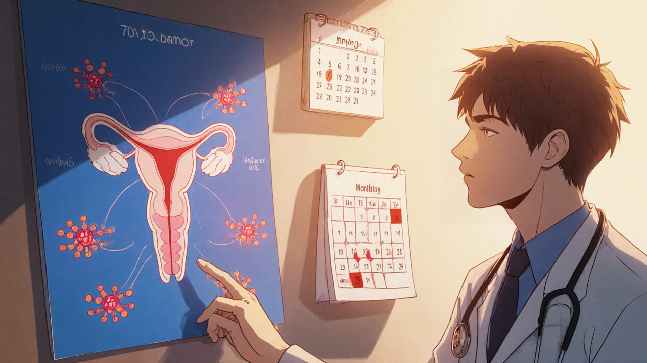 Doctor explaining hormone axis disruption by opioids using a visual diagram.