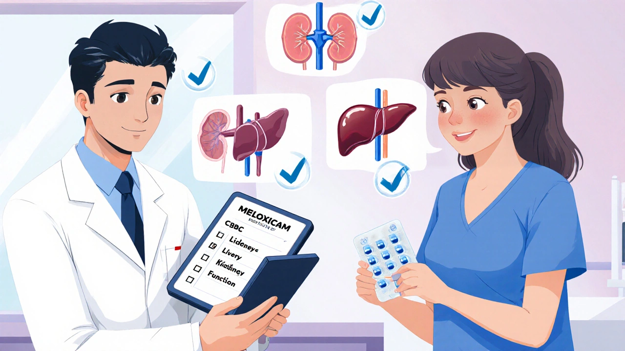 Doctor reviewing lab results with a patient holding meloxicam medication.