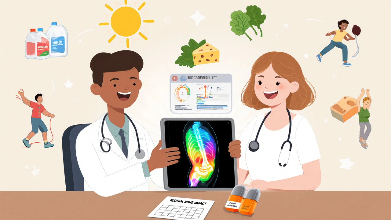 Doctor showing a DXA scan on tablet with food, sun, and exercise icons around.