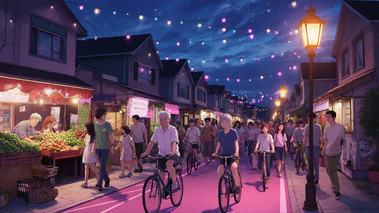 Evening street market with families cooking, cyclists, and neon lighting reflects community health success.