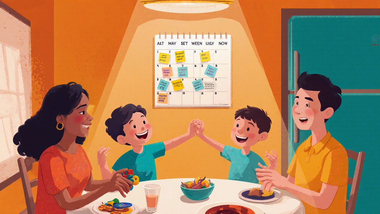 Family dinner with a calendar on the wall and a check‑in circle sharing smiles.