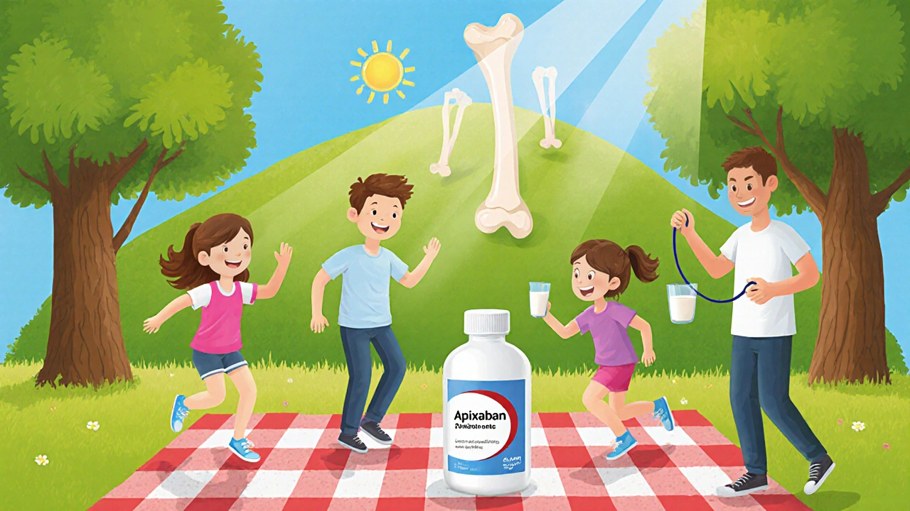 Family exercising in a park with milk, sunlight, and an apixaban bottle on a blanket.