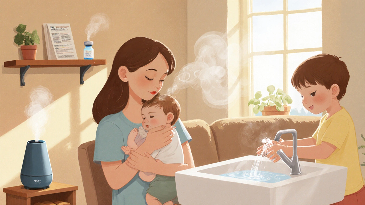 Family practicing prevention: breastfeeding, vaccine vial, humidifier, handwashing.