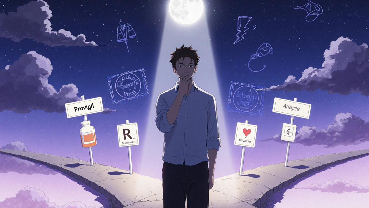 Figure standing at a crossroads with signposts for different stimulant options.