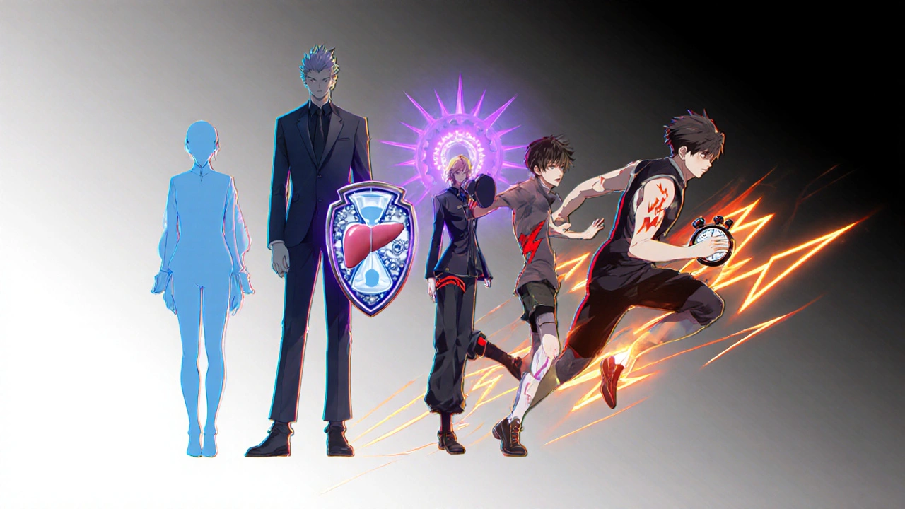 Five stylized characters each symbolizing a wake‑promoting drug in dynamic poses.