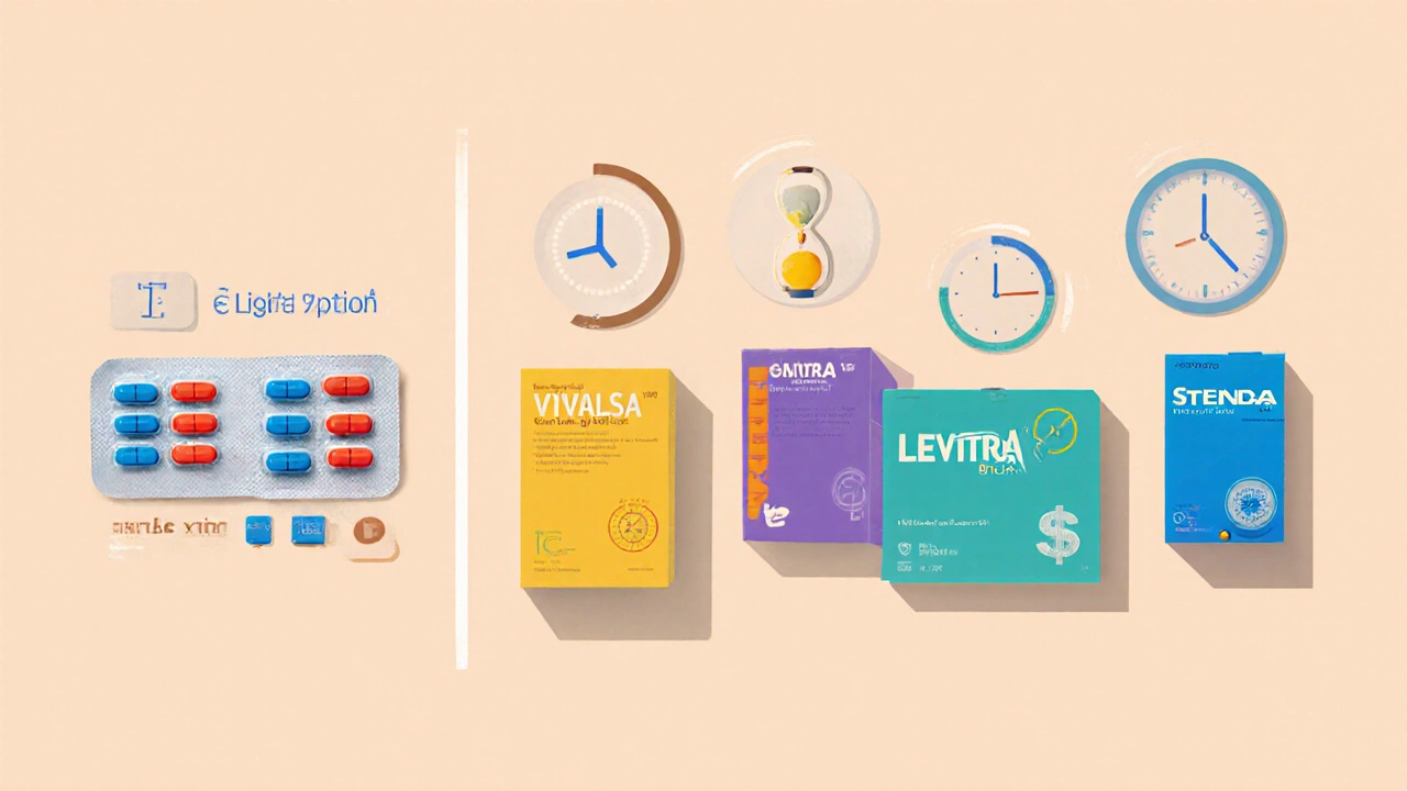 Flat‑lay comparison of a multi‑pill pack next to individual Viagra, Cialis, Levitra, and Stendra boxes with icons for onset, duration, and price.