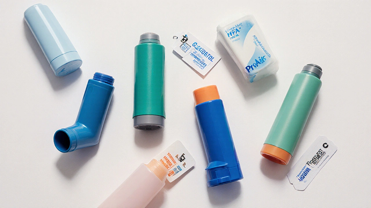 Flat lay of multiple inhalers with small price tags on a white table.