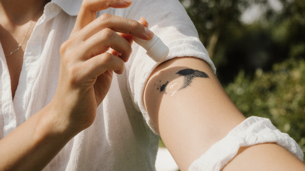 Healing forearm tattoo covered in sunscreen, soft sunlight filtered by clouds.