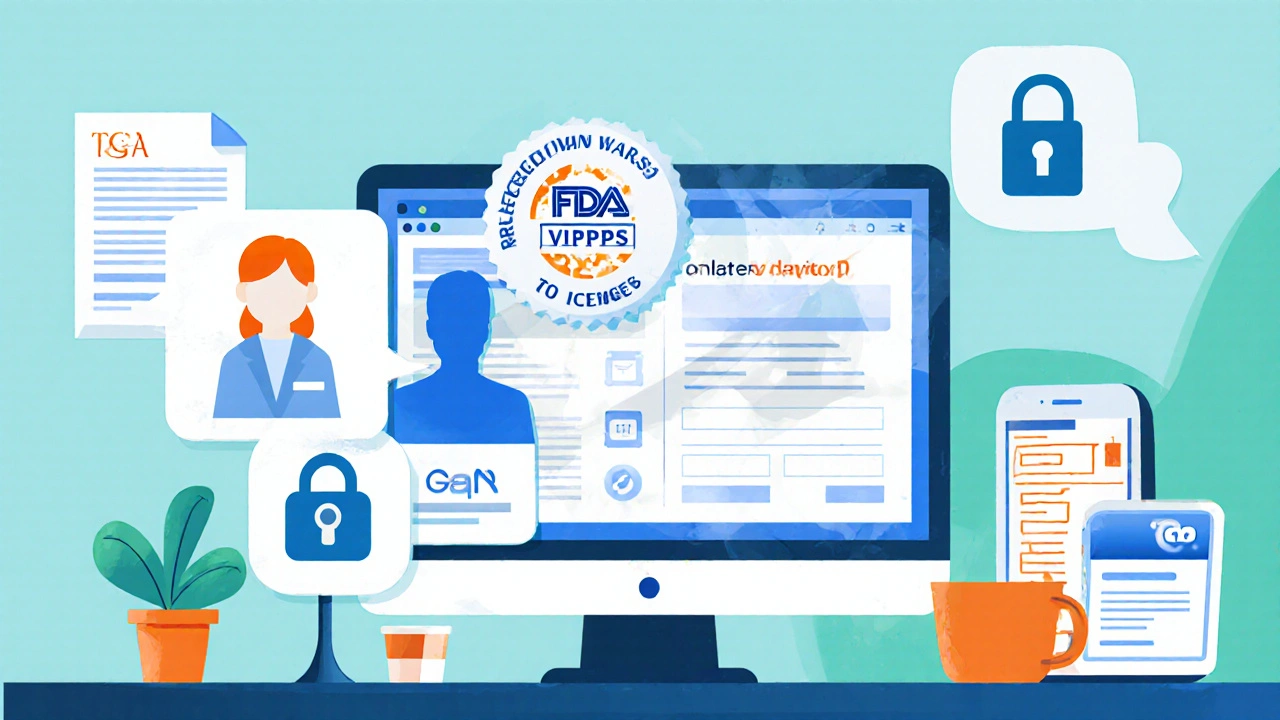 Illustration of a desk with a computer displaying verification badges, prescription scan, chat bubble, and secure padlock icon.
