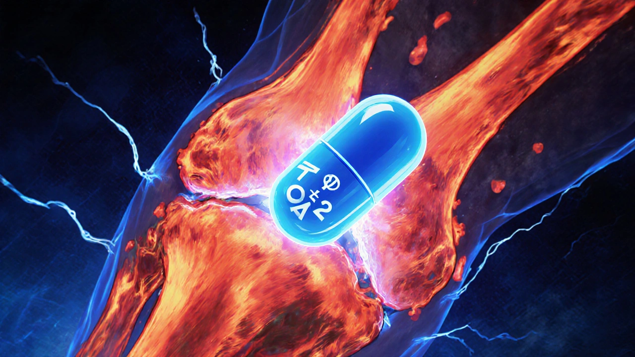 Illustration of meloxicam blocking COX‑2 enzyme in an inflamed joint.