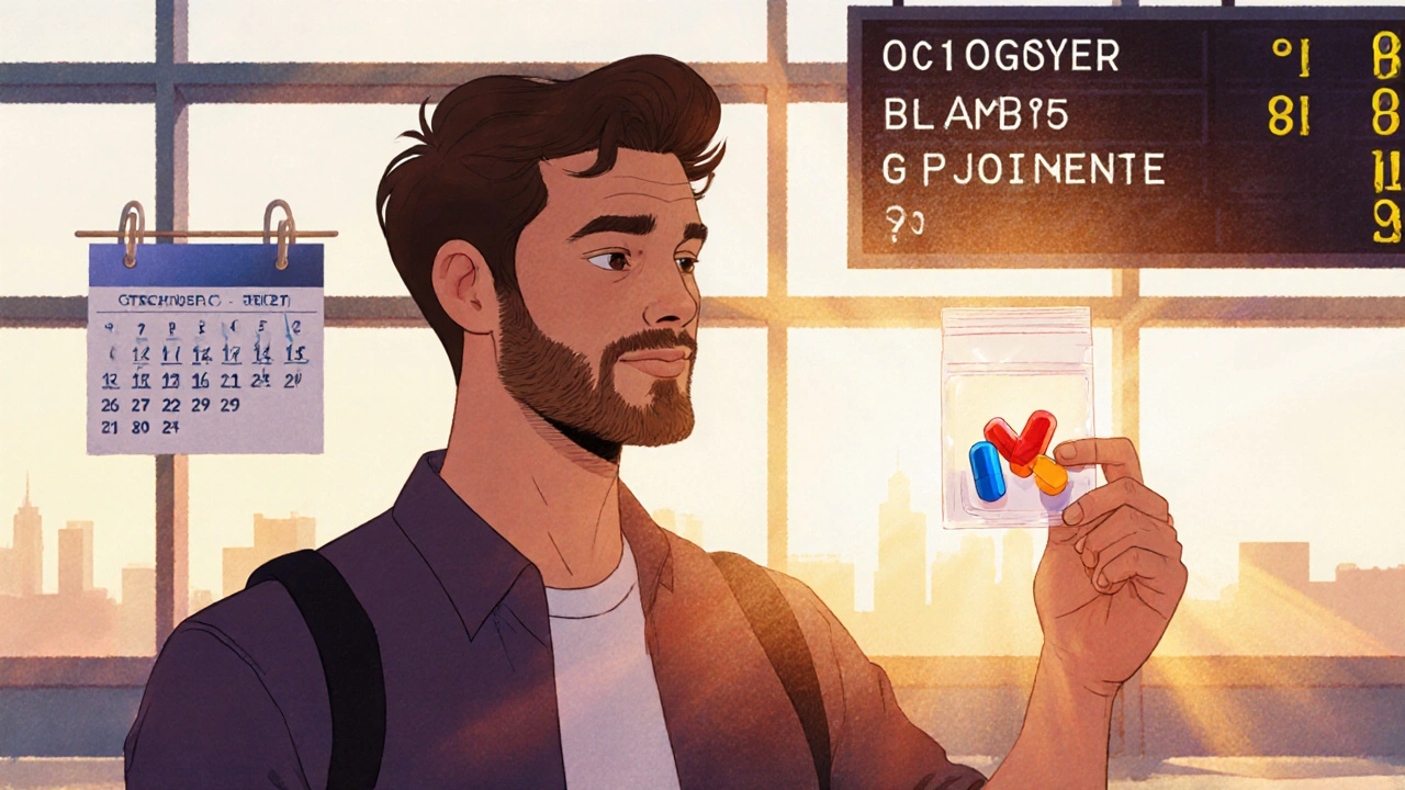 Man at an airport holding a clear pouch with three colored pills, suggesting flexible medication choice.