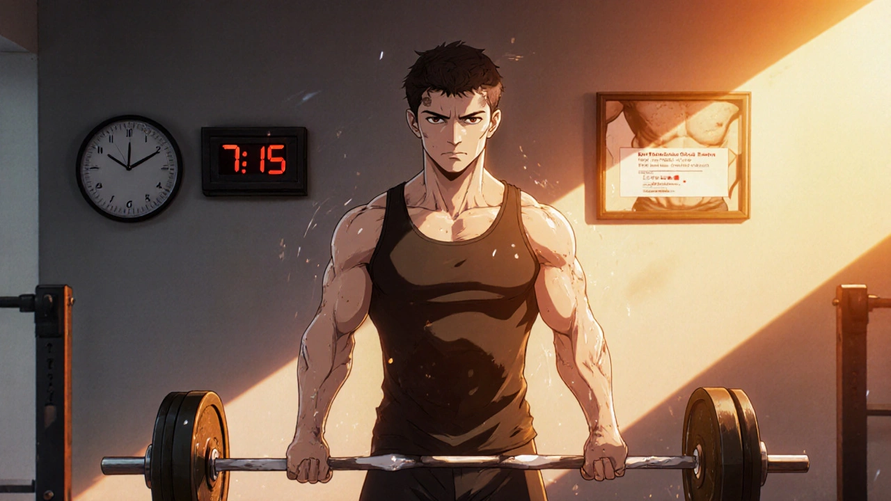 Man lifting weights in a home gym, sunlight highlighting his improved physique.