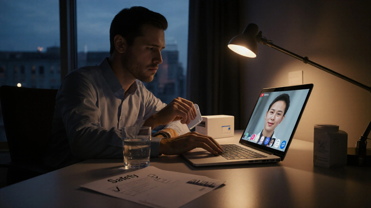 Man using laptop for telehealth, discreet medication box in hand, warm office lighting.