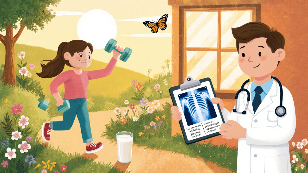 Morning routine with walking, exercise, milk, and a doctor offering a DEXA scan.