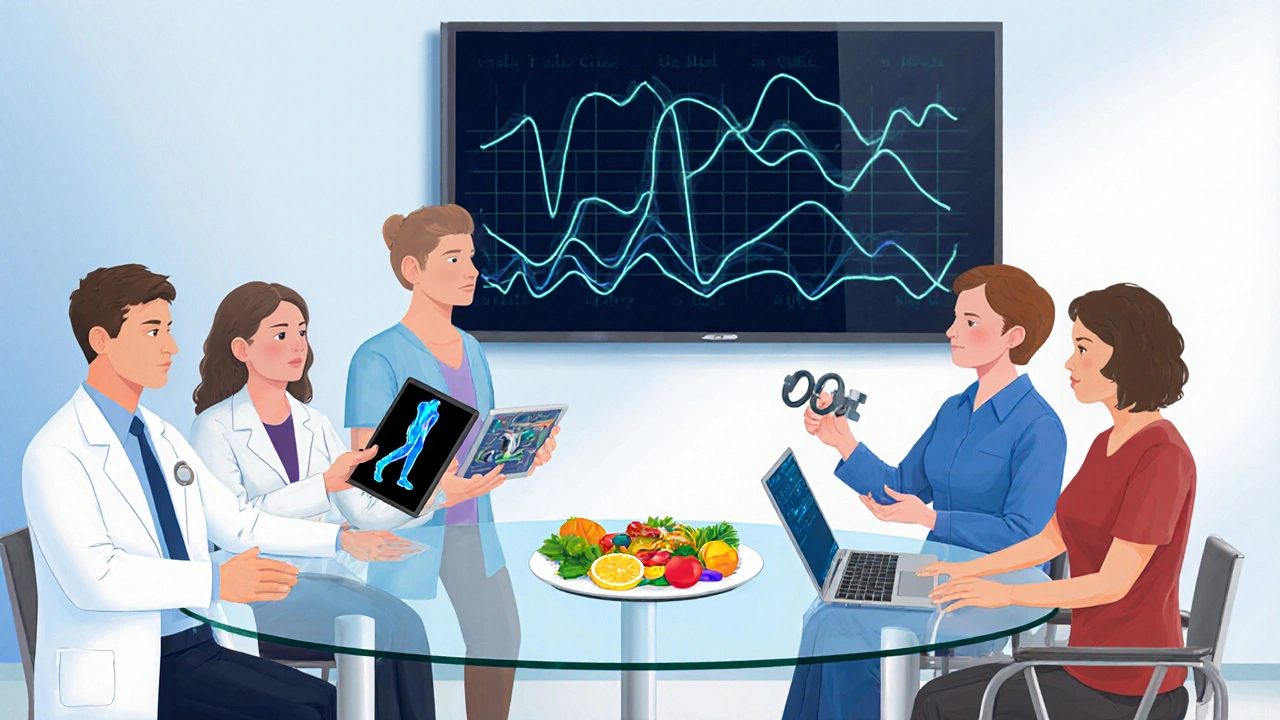 Multidisciplinary health team collaborating around a table with tech displays.