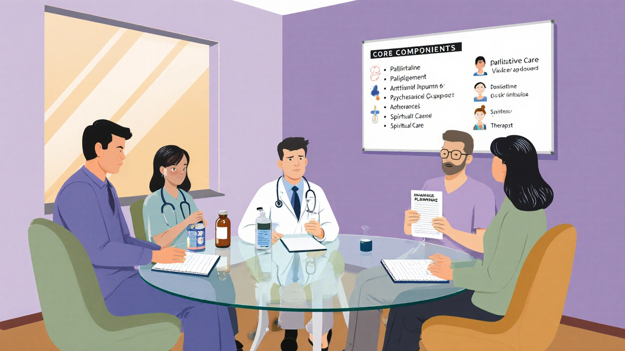Multidisciplinary team gathers around a table, illustrating core palliative‑care components for blood cancer.