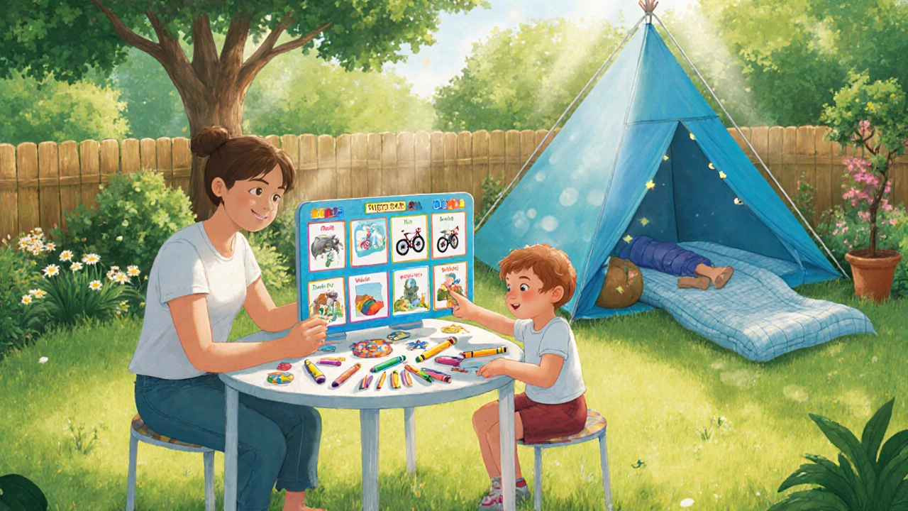 Parent and neurotypical child creating a visual schedule during a sunny sibling date outdoors.