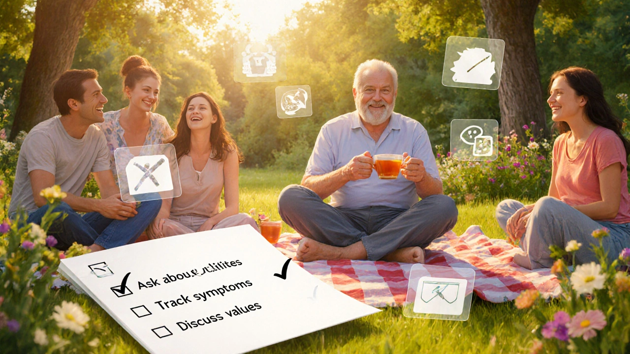 Patient and family enjoy a sunny garden picnic, symbolizing improved quality of life after palliative care.