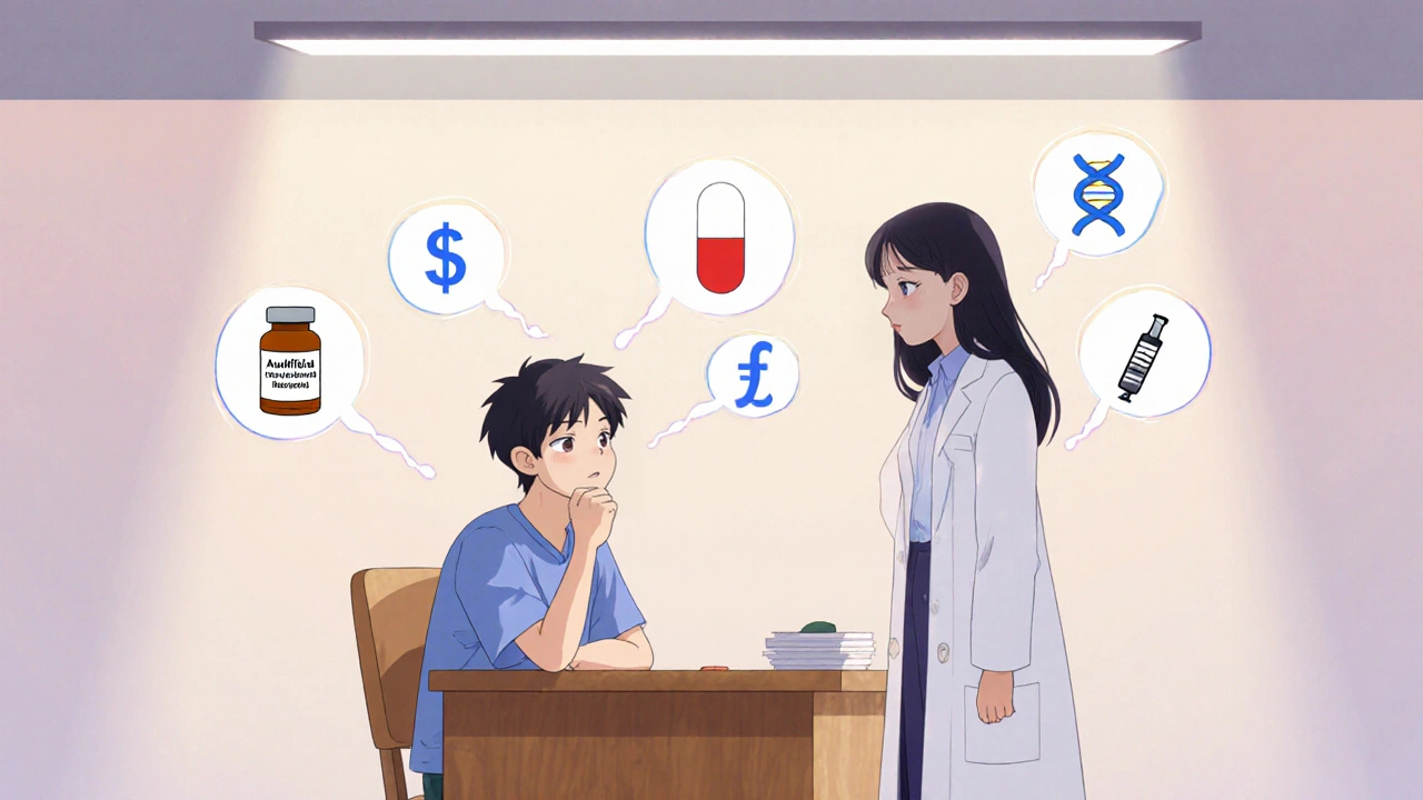 Patient contemplating medication choices, surrounded by thought bubbles of drugs and costs.
