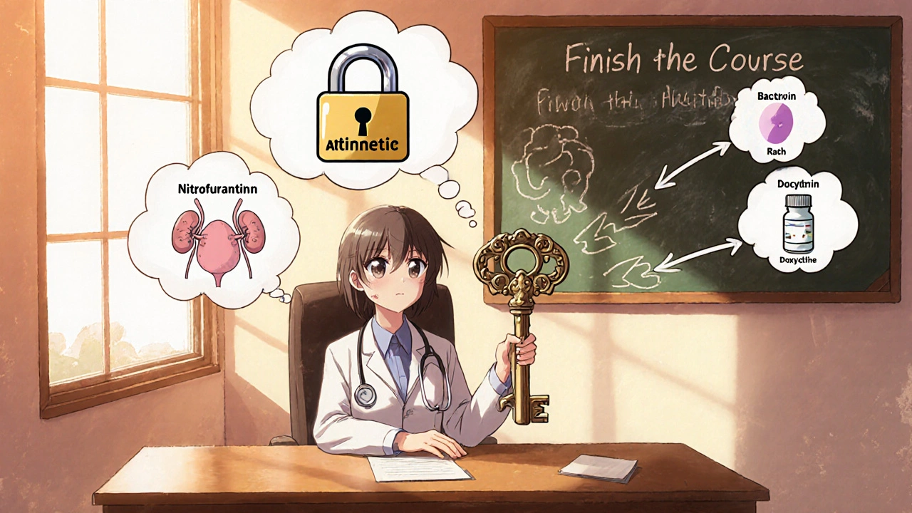 Patient with thought bubbles about kidneys, pregnancy, and rash chooses the right antibiotic with a key.