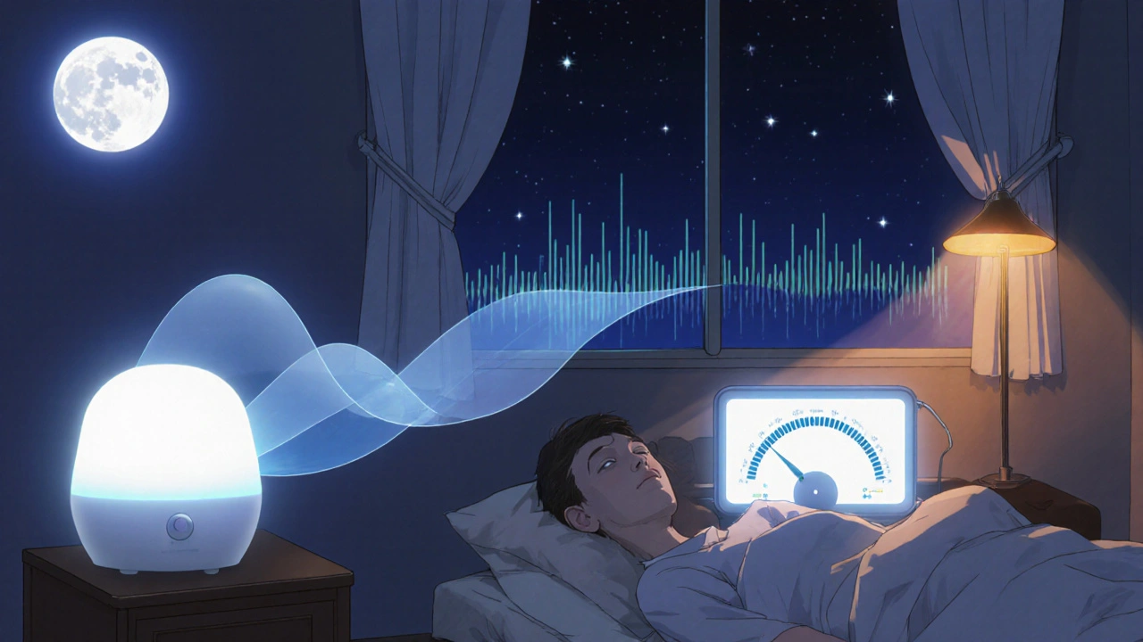 Peaceful bedroom with a white noise machine, audiometer, and person meditating.