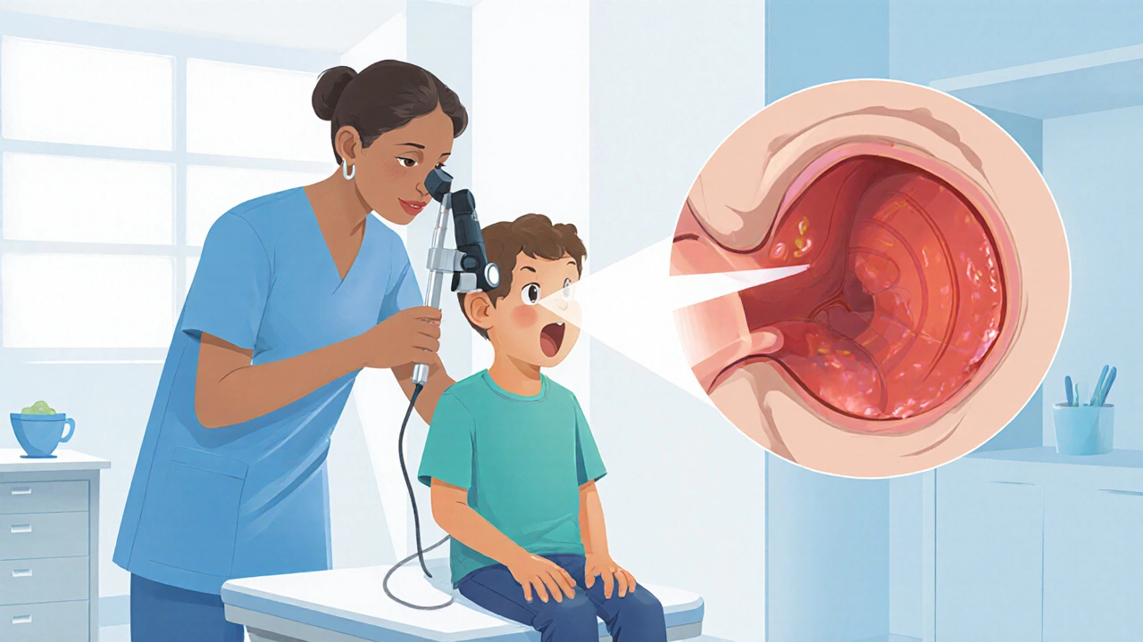Pediatrician using otoscope to view a child's inflamed eardrum.