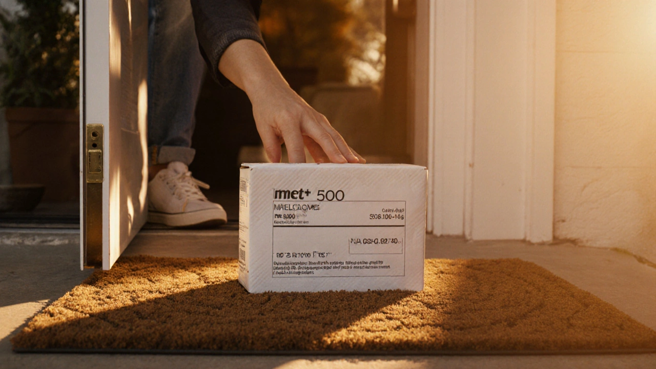 Person receiving a delivery package with Metformin medication label at their doorstep in warm lighting.