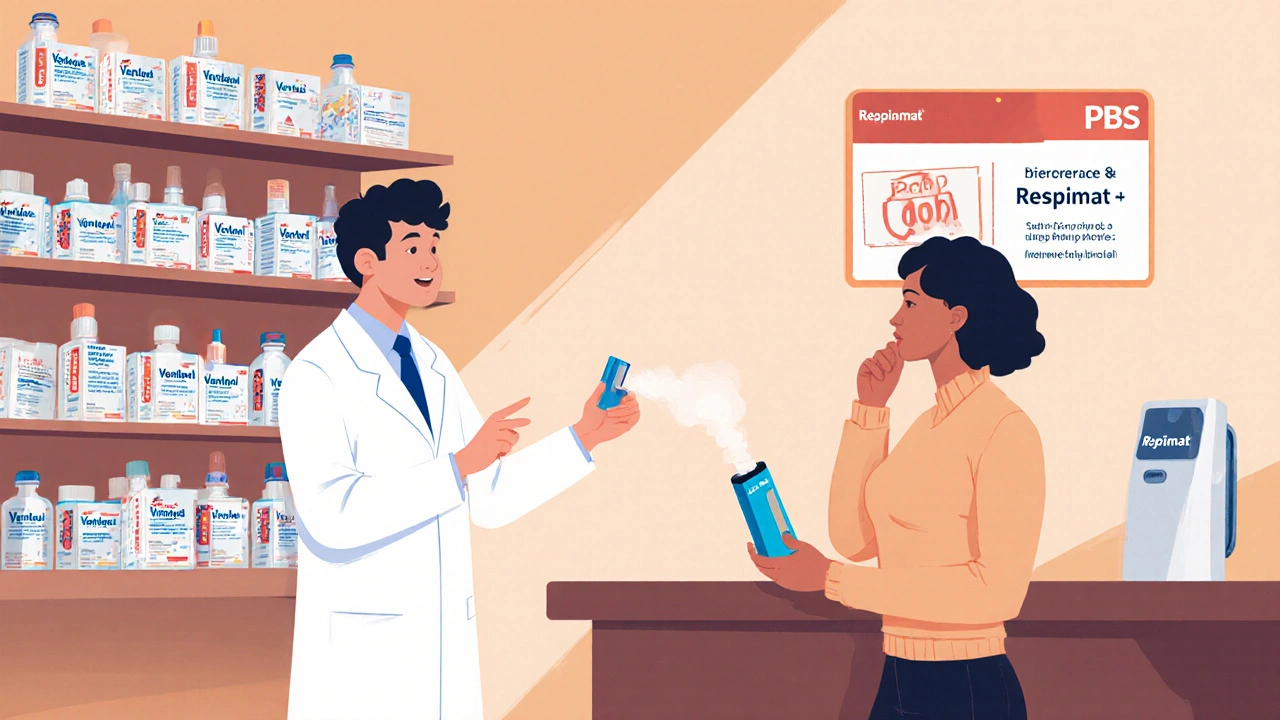 Pharmacy scene with pharmacist and patient discussing inhaler options.