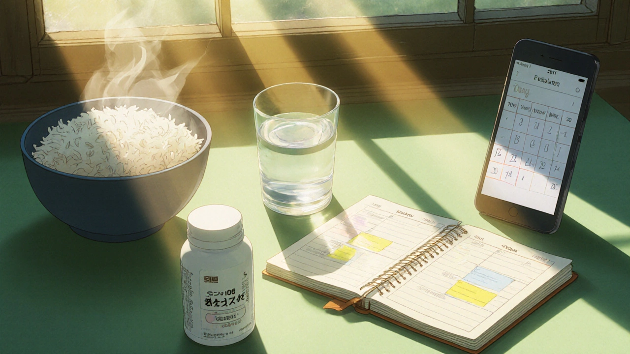 Pill bottle, diary, healthy food and calendar under morning light showing treatment plan.