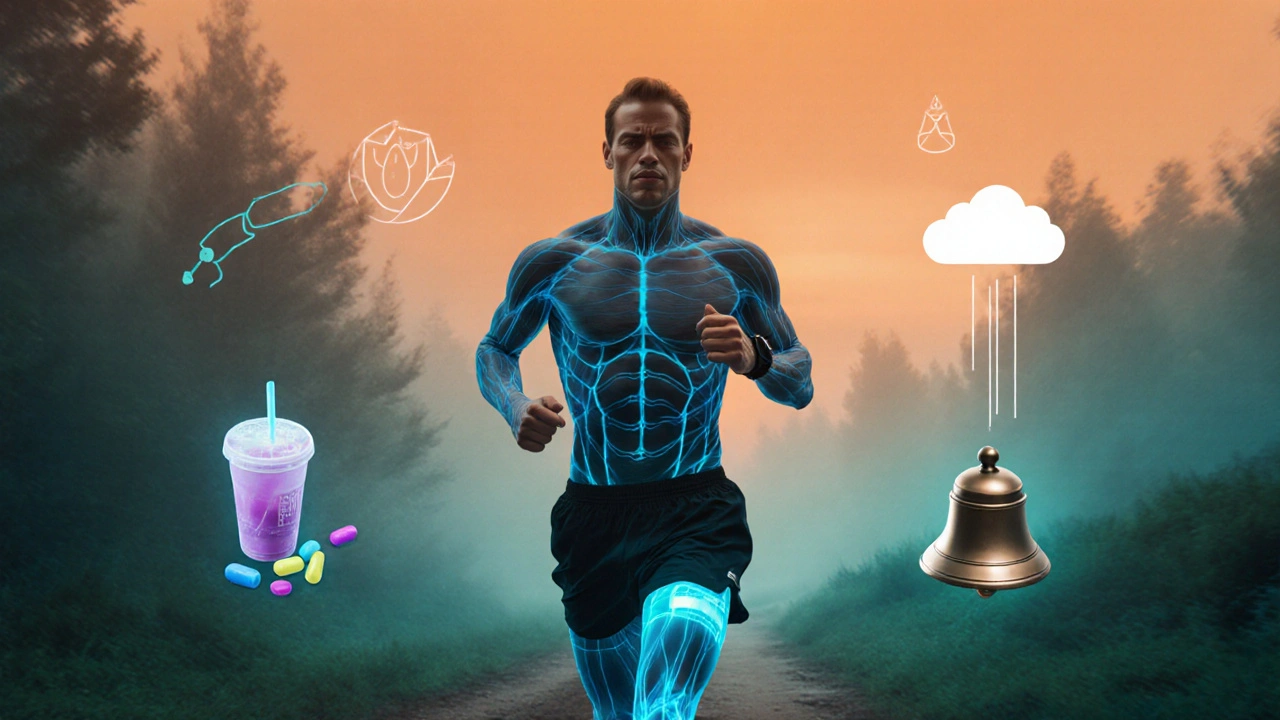Runner illuminated with glowing muscle lines, surrounded by nutrition and tech icons.