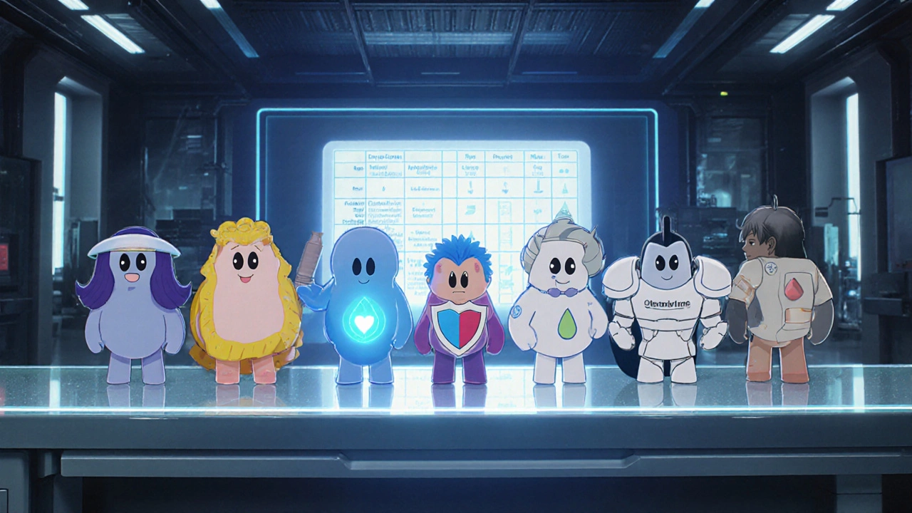 Six stylized antibiotic characters stand on a glass table, each representing a different drug and its traits.