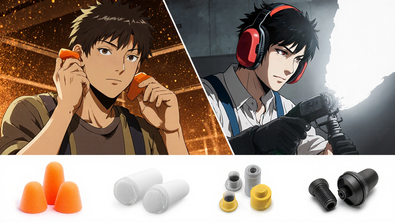 Split view of a person using foam earplugs and earmuffs with other earplugs displayed.
