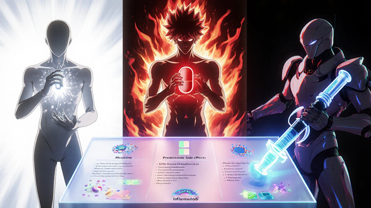 Three characters representing Mesalamine, Prednisone, and Infliximab with icons for effects and cost.