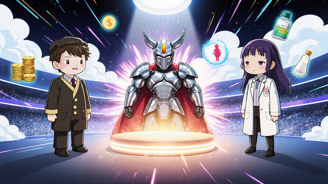 Three mascot characters representing folic acid, methylfolate, and folinic acid stand before a glowing podium with symbolic icons.