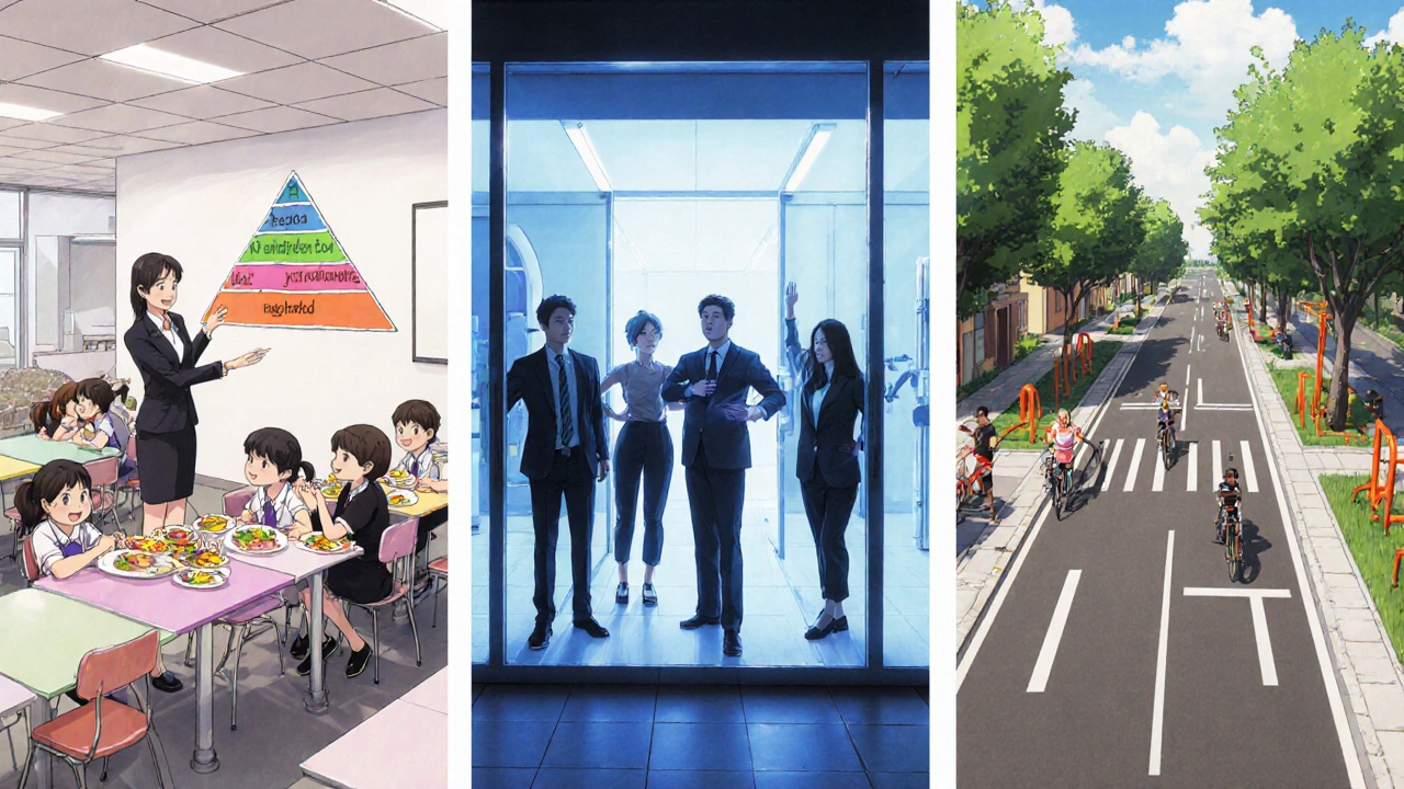 Three panels illustrate school meals, office fitness class, and a bike‑lane street with active residents.