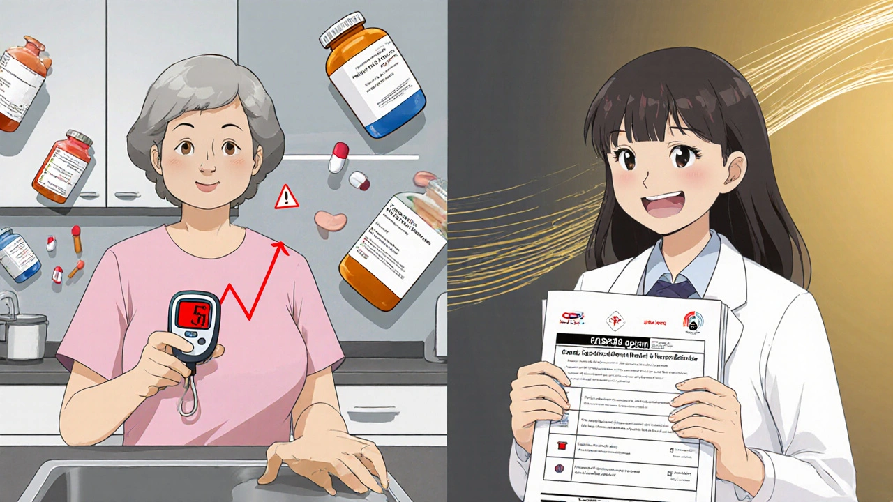 Woman checking blood sugar as medications float around her, doctor offers alternative plan