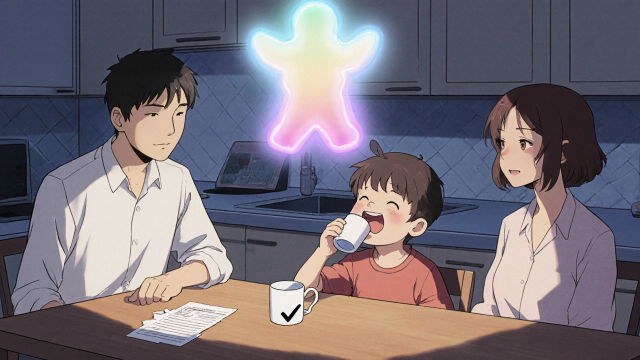 A child drinks medicine happily at dinner, with a bubblegum-colored aura rising from the cup.
