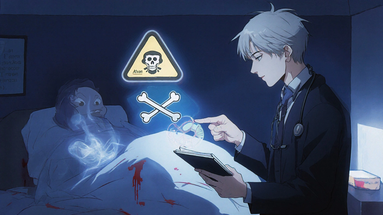 A doctor and patient in a clinic, with a glowing skull-and-crossbones warning between Xanax and alcohol symbols.