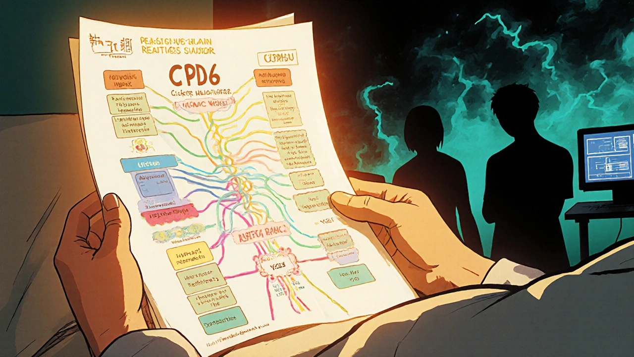 A doctor shows a glowing genetic report to a patient, with abstract representations of drug metabolism risks dissolving.