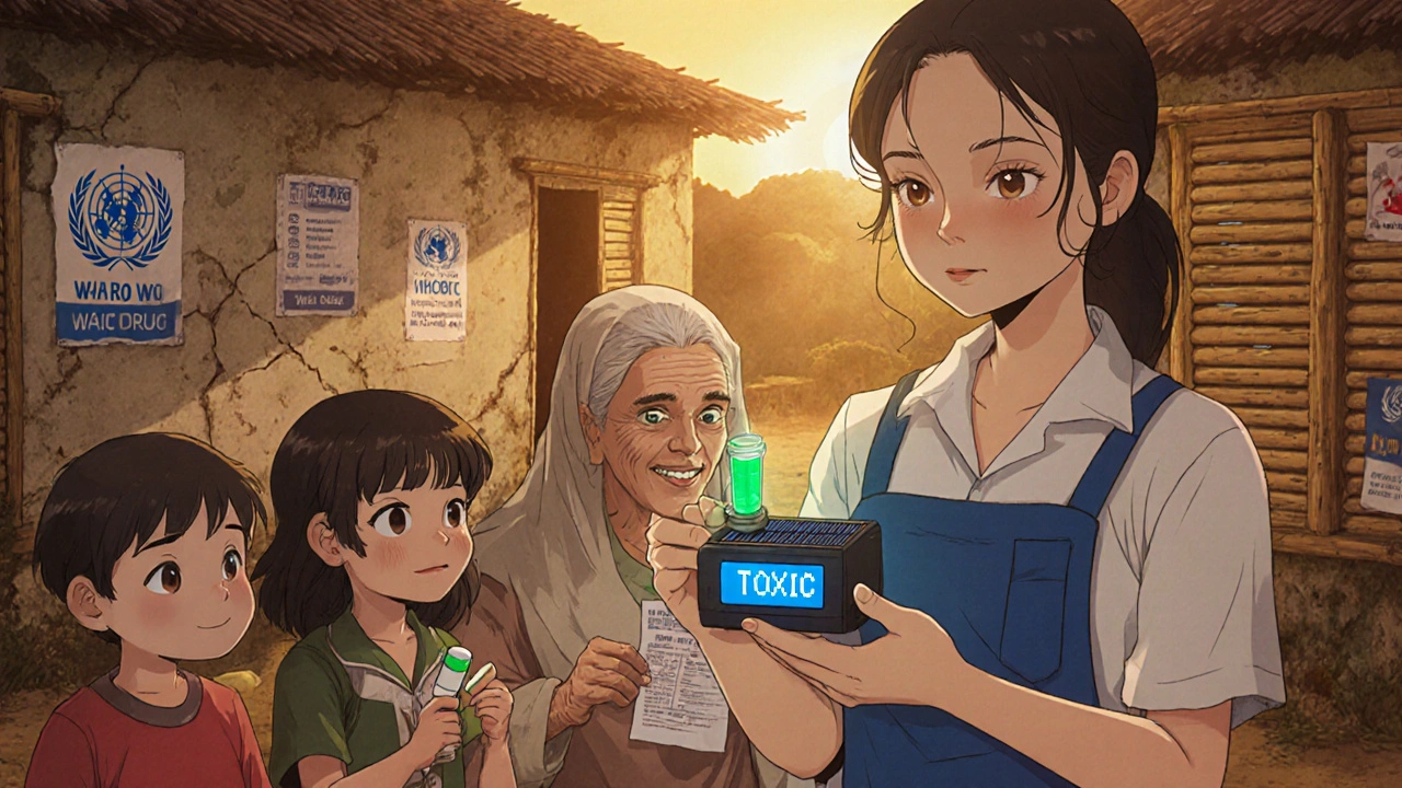 A health worker tests a fake heart pill with a solar device that reads &#039;TOXIC&#039;, surrounded by villagers in a sunlit rural village.