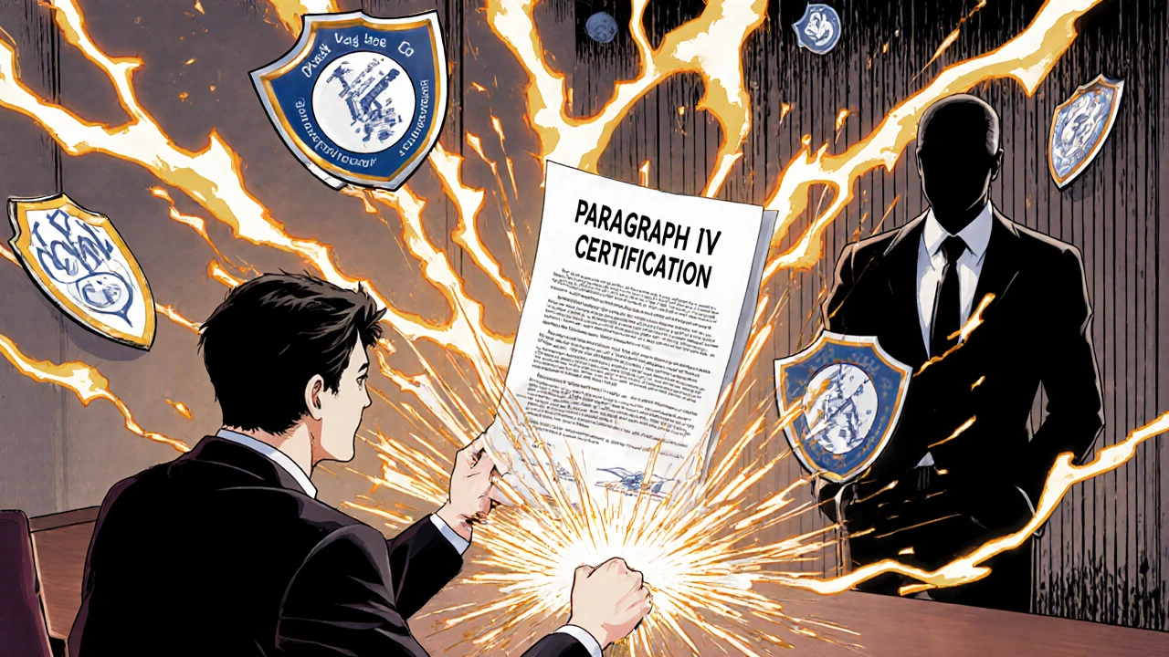 A lawyer presents a Paragraph IV certification in court as patent shields shatter around them.