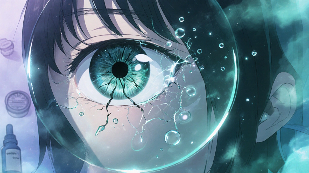 A magnified eye with a shimmering protective shield forming over a cracked tear film, surrounded by floating medication droplets.