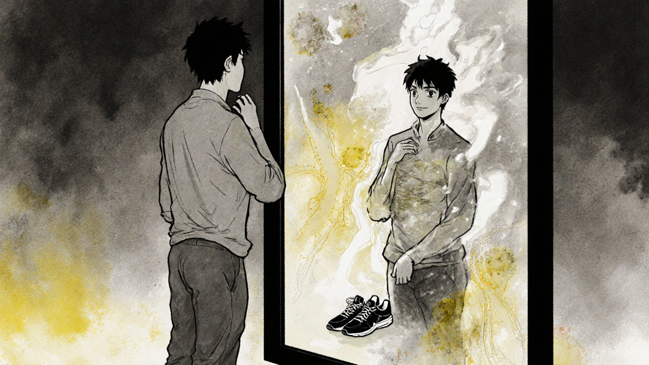 A man gazes at his reflection in a rippling mirror, seeing his body transform as ghostly medical threats appear.