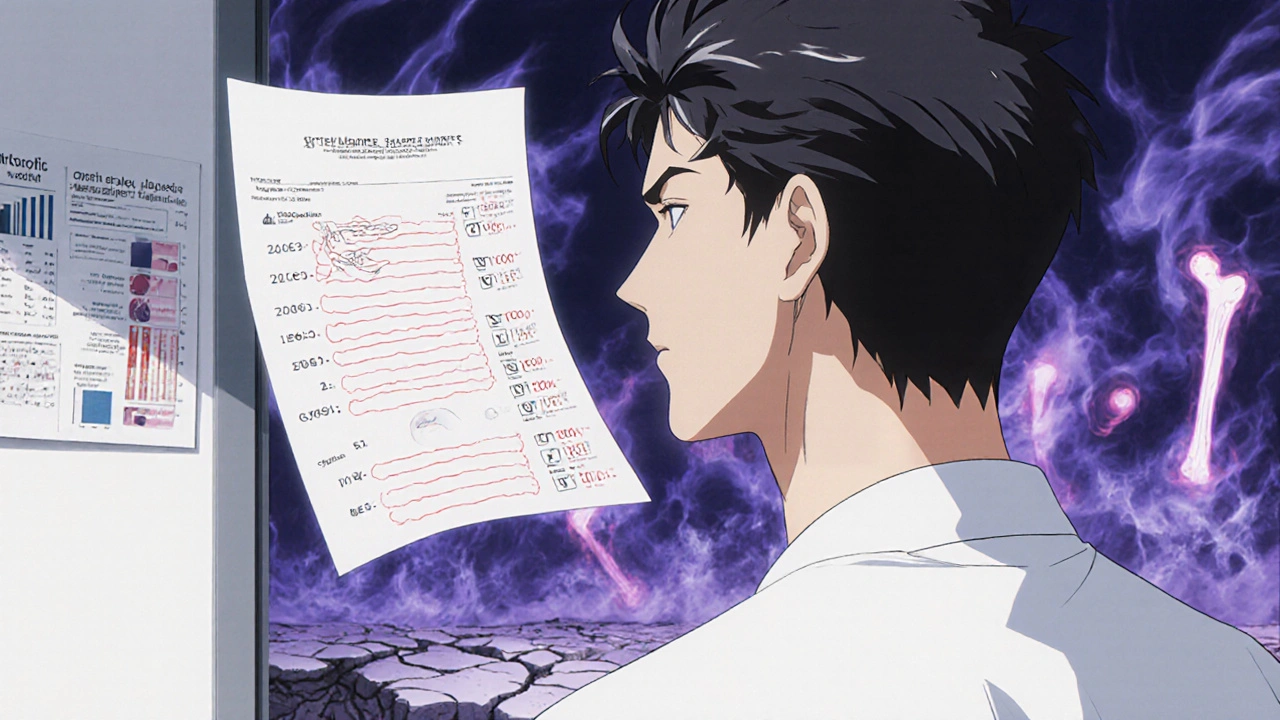 A man stares at floating blood test results, with surreal symbols of bone loss and diabetes looming behind him.