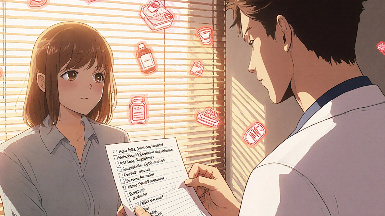 A patient handing a list of all medications to a doctor during a consultation.